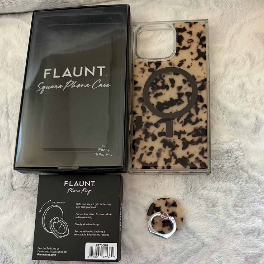 FLAUNT:Square Blonde Tortoise Shell iPhone Case(16 Pro Max)& matching Phone Ring